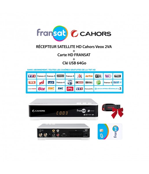 Pack Récepteur Satellite HD Cahors Veox 2VA + Carte HD FRANSAT + Clé USB 64Go