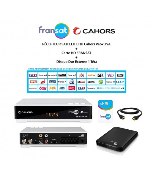 Pack Récepteur Satellite HD Cahors Veox 2VA + Carte HD FRANSAT + Disque Dur Externe 1 Téra