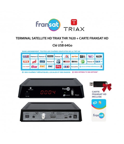 Pack Récepteur Décodeur Terminal Satellite HD TRIAX THR 7620 + Carte FRANSAT HD + Clé USB 64Go