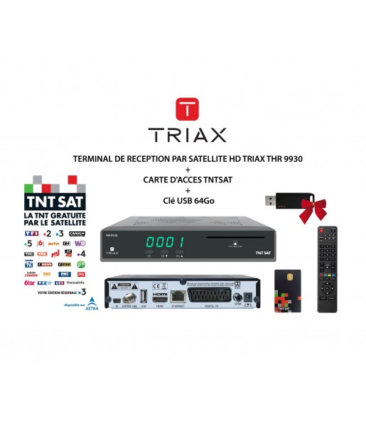 Pack Récepteur Décodeur Terminal de Réception Satellite HD TRIAX THR 9930 + Carte d’Accès TNTSAT + Clé USB 64Go