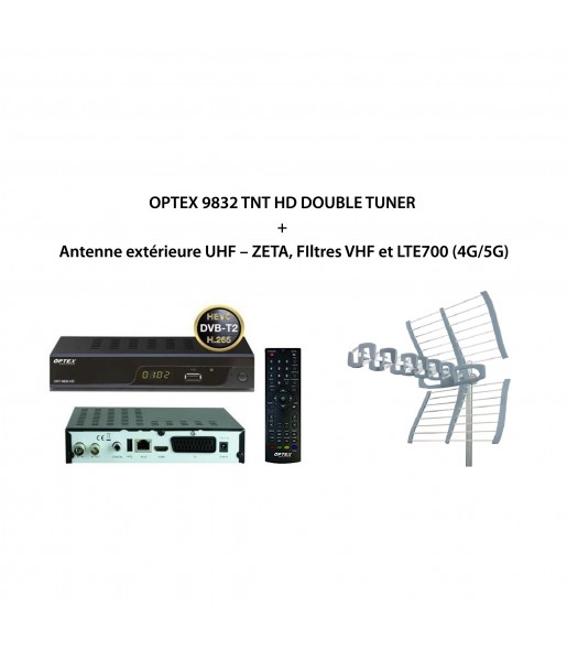 Pack OPTEX 9832 TNT HD DOUBLE TUNER + Antenne extérieure UHF – ZETA