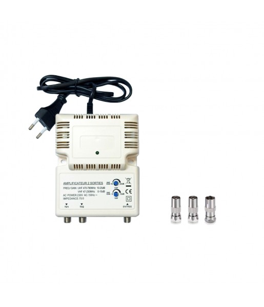 Amplificateur Intérieur UHF 1 entrée 2 sorties Gain 25dB Blanc + 3 Adaptateurs