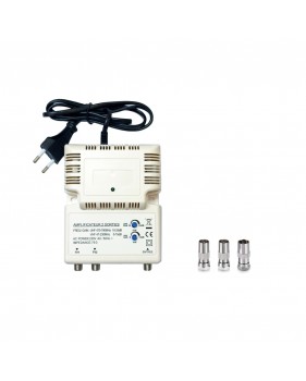 Amplificateur Intérieur UHF 1 entrée 2 sorties Gain 25dB Blanc + 3 Adaptateurs