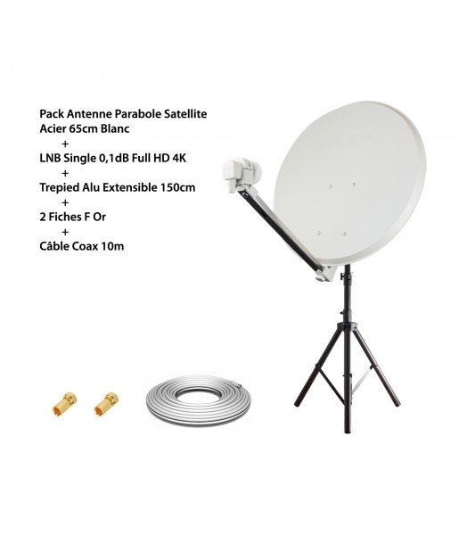 Pack Antenne Parabole Satellite Acier 65cm Blanc HD4K + LNB Single 0,1dB Full HD 4K + Trépied Alu Extensible 150cm