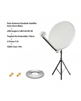 Pack Antenne Parabole Satellite Acier 65cm Blanc HD4K + LNB Single 0,1dB Full HD 4K + Trépied Alu Extensible 150cm