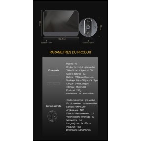 Judas de porte, caméra de surveillance intelligente WIFI HD, vision 160°  bidirectionnelle, protocole ONVIF - Noir + Micro SD 64go