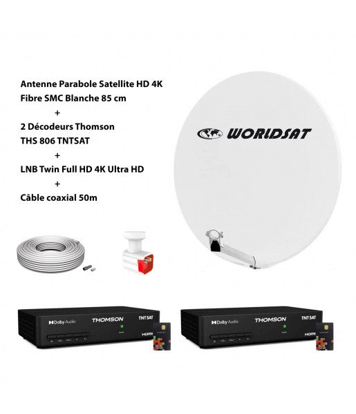 Kit Antenne Parabole Sat HD 4K Fibre SMC Blanche 85cm WORLDSAT