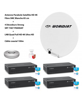 Kit Antenne Parabole Sat HD 4K Fibre SMC Blanche 85cm WORLDSAT