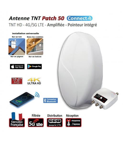 Antenne extérieure blanc Patch 50 HD Connect 3S, ampli intégré +50dB