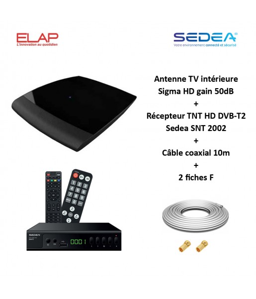 Antenne TV intérieure Sigma HD, UHF 470-790, gain 50dB ELAP + Récepteur TNT HD DVB-T2 Sedea SNT 2002
