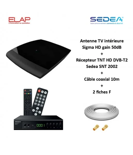 Antenne TV intérieure Sigma HD, UHF 470-790, gain 50dB ELAP + Récepteur TNT HD DVB-T2 Sedea SNT 2002 + Cable coax 10m + 2 fiches F