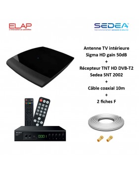 Antenne TV intérieure Sigma HD, UHF 470-790, gain 50dB ELAP + Récepteur TNT HD DVB-T2 Sedea SNT 2002