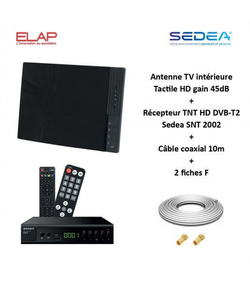 Antenne TV TNT Intérieure Tactile HD VHF UHF, Gain 45dB ELAP + Récepteur TNT HD DVB-T2 Sedea SNT 2002