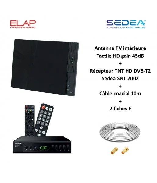 Antenne TV TNT Intérieure Tactile HD VHF UHF, Gain 45dB ELAP + Récepteur TNT HD DVB-T2 Sedea SNT 2002 + Cable coax 10m + 2 fiches F
