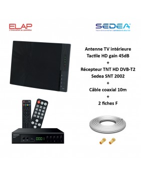 Antenne TV TNT Intérieure Tactile HD VHF UHF, Gain 45dB ELAP + Récepteur TNT HD DVB-T2 Sedea SNT 2002