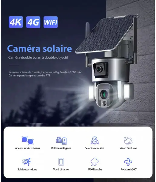 Camra Surveillance Solaire Sans fil 4K 8MP 4G WIFI 360