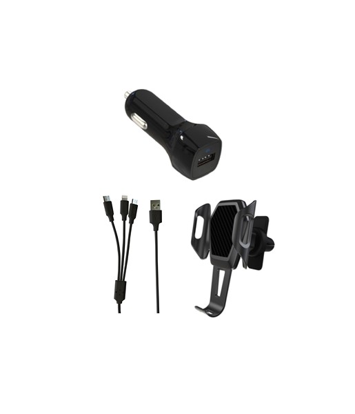 Kit Voiture 1x Câble Micro USB / Lightning / Type C + 1x Support + 1x Chargeur Allume Cigare