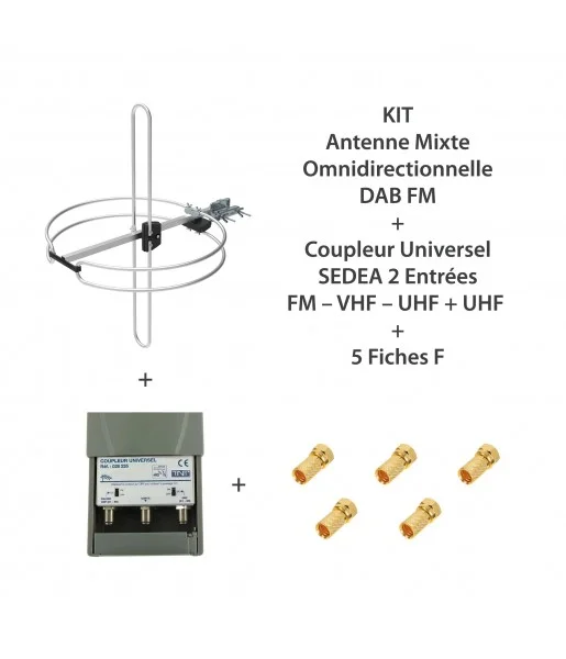 KIT Antenne mixte omnidirectionnelle DAB FM  +  Coupleur Universel SEDEA 2 Entrées FM – VHF – UHF + UHF  +  5 Fiches F