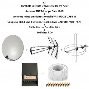 Kit Parabole SAT 80cm+Antenne TNT+Antenne Omni DAB FM+Coupleur 4 Entrées FM DAB-VHF UHF SAT+LNB Single+Câble Coax 20m
