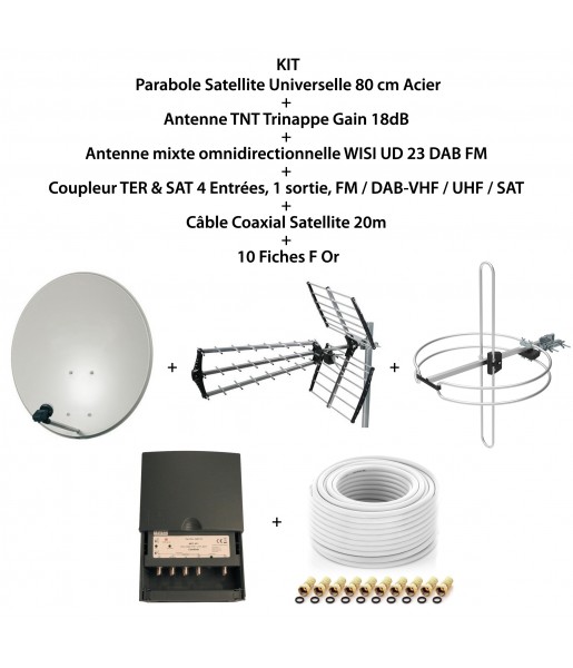 Kit Parabole SAT 80cm+Antenne TNT+Antenne Omni DAB FM+Coupleur 4 Entrées FM DAB-VHF UHF SAT+LNB Single+Câble Coax 20m