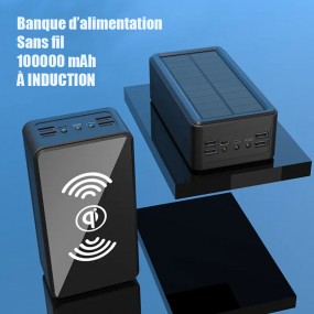 Chargeur Batterie Externe Solaire Sans Fil INDUCTION Noir 100000Mah