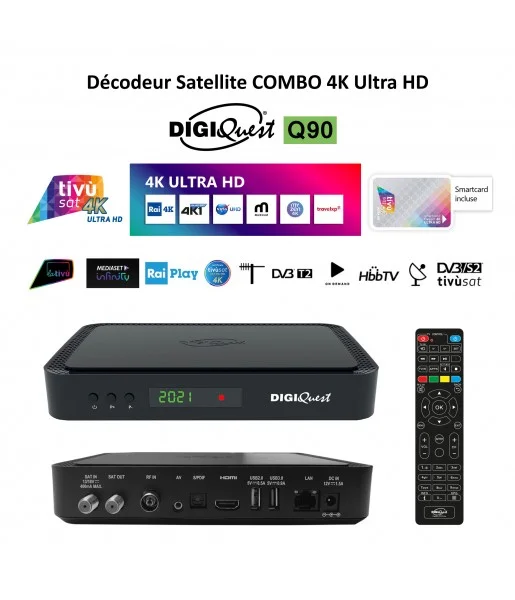 Décodeur Satellite COMBO 4K Ultra HD 4K HBBTV Q90 Carte Tivùsat