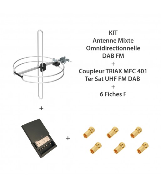 KIT Antenne mixte omnidirectionnelle DAB FM + Coupleur TRIAX MFC 401 Ter Sat UHF FM DAB + 6 Fiches F