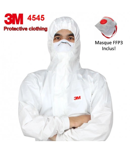 PACK Vêtements de protection à capuche Combinaison 3M 4545, Taille 2XL + Masque FFP3