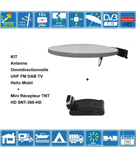 KIT Antenne Omni UHF FM DAB TV Helio Mobil + Mini Récepteur TNT HD SNT-360-HD