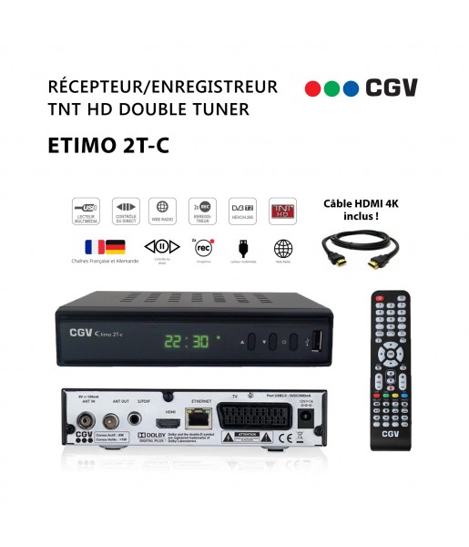 Récepteur Décodeur TNT HD Double Tuner CGV Etimo 2T-c + Câble HDMI 4K