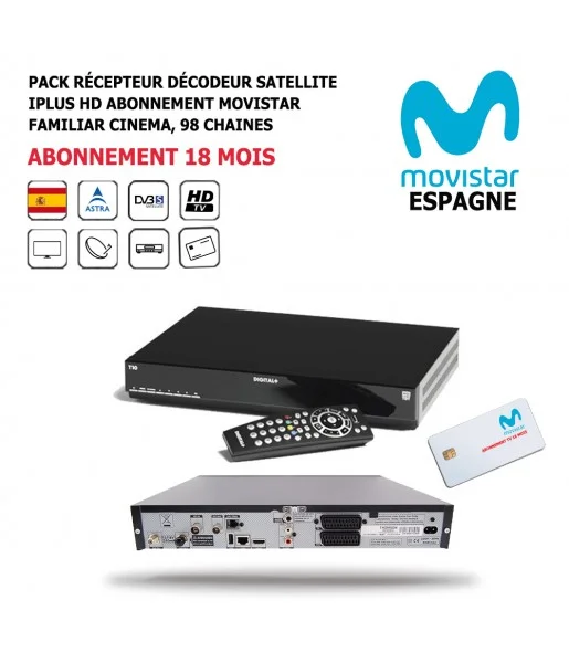 Pack Récepteur Décodeur Satellite iPlus HD + Abonnement 18 mois Movistar-Familiar-Cinema-DST800SOG
