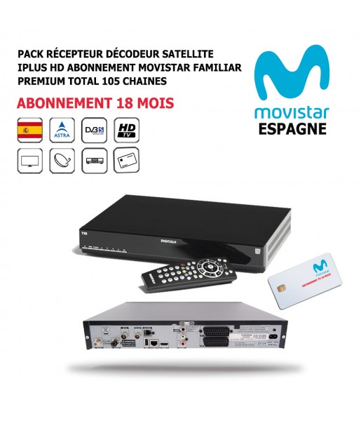 Pack Récepteur Décodeur Satellite iPlus HD + Abonnement 18 mois  Movistar-Familiar-Premium-Total-DST800SOG