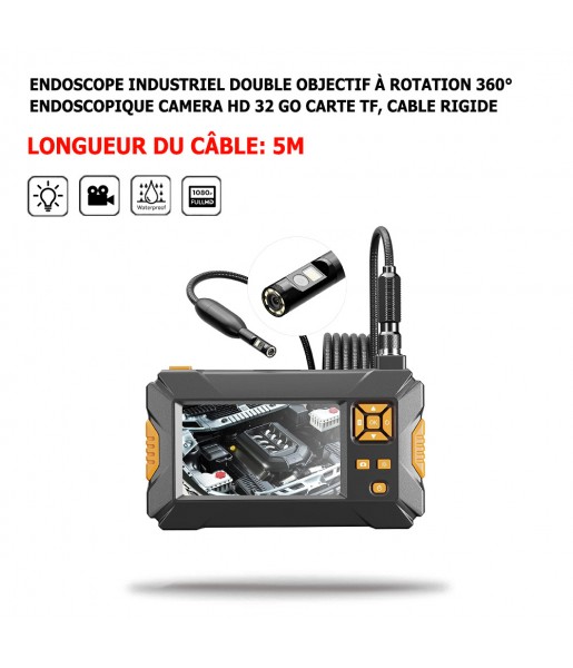 Endoscope Industriel Double Objectif à Rotation 360° Endoscopique Caméra  d'Inspection Boroscope avec 9 LED Caméra serpent étanche IP68 avec 4,5  Pouces avec Câble de 3 Mètres 32 Go Carte TF : 
