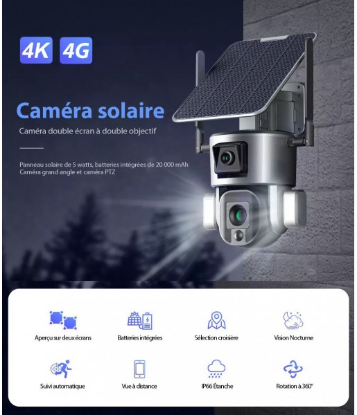 Caméra Surveillance Sécurité Solaire Sans fil Extérieure 4K 8MP 4G WIFI