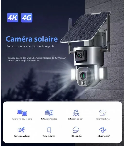 Caméra Surveillance Solaire Sans fil 4K 8MP 4G WIFI 360°