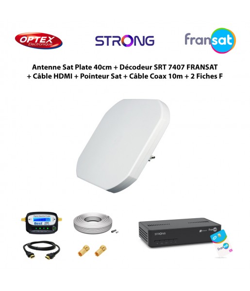 Antenne Sat Plate 40cm + Décodeur SRT 7407 HD FRANSAT + Câble HDMI + Pointeur Sat + Câble Coaxial 10m + 2 Fiches F