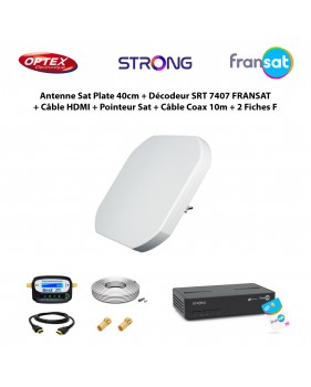 Antenne Sat Plate 40cm + Décodeur SRT 7407 HD FRANSAT + Câble HDMI + Pointeur Sat + Câble Coaxial 10m + 2 Fiches F