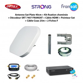 Antenne Sat Plate 40cm + Kit fixation + Décodeur SRT 7407 FRANSAT + Câble HDMI + Pointeur Sat + Câble Coax 25m + 2 Fiches F