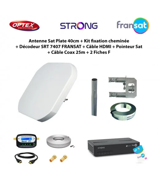 Antenne Sat Plate 40cm + Kit fixation cheminée + Décodeur SRT 7407 FRANSAT + Câble HDMI + Pointeur Sat + Câble Coax 25m + 2 Fiches F