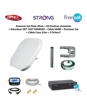 Antenne Sat Plate 40cm + Kit fixation + Décodeur SRT 7407 FRANSAT + Câble HDMI + Pointeur Sat + Câble Coax 25m + 2 Fiches F