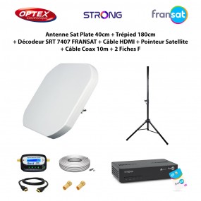 Antenne Sat Plate 40cm + Trépied 180cm + Décodeur SRT 7407 FRANSAT + Câble HDMI + Pointeur Sat + Câble Coax 10m + 2 Fiches F