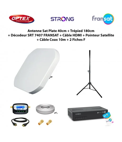 Antenne Sat Plate 40cm + Trépied 180cm + Décodeur SRT 7407 FRANSAT + Câble HDMI + Pointeur Satellite + Câble Coax 10m + 2 Fiches F