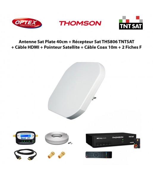 Antenne Sat Plate 40cm + Récepteur HD THS806 TNTSAT + Câble HDMI + Pointeur Sat + Câble Coax 10m + 2 Fiches F