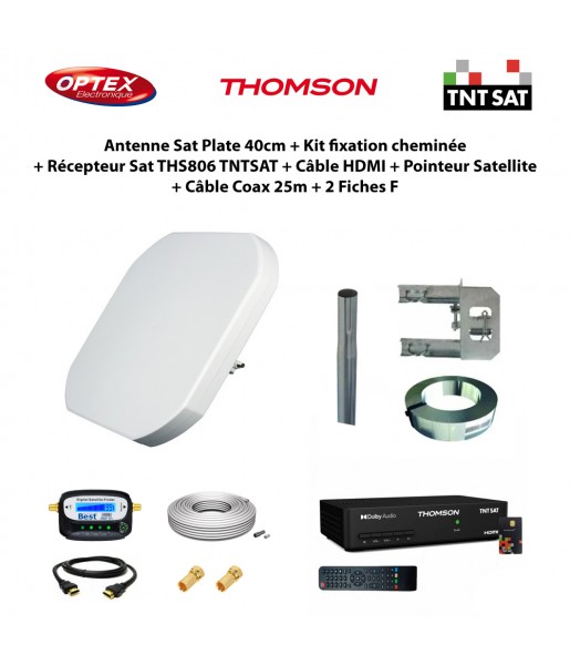 Antenne Sat Plate 40cm + Kit fixation + Récepteur Sat THS806 TNTSAT + Câble HDMI + Pointeur + Câble Coax 25m + 2 Fiches F