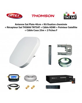 Antenne Sat Plate 40cm + Kit fixation + Récepteur Sat THS806 TNTSAT + Câble HDMI + Pointeur + Câble Coax 25m + 2 Fiches F