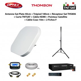 Antenne Sat Plate 40cm + Trépied 180cm + Récepteur THS806 TNTSAT + Câble HDMI + Pointeur + Câble Coax 10m + 2 Fiches F
