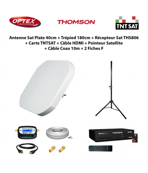 Antenne Sat Plate 40cm + Trépied 180cm + Récepteur Sat THS806 + Carte TNTSAT + Câble HDMI + Pointeur + Câble Coax 10m + 2 Fiches F