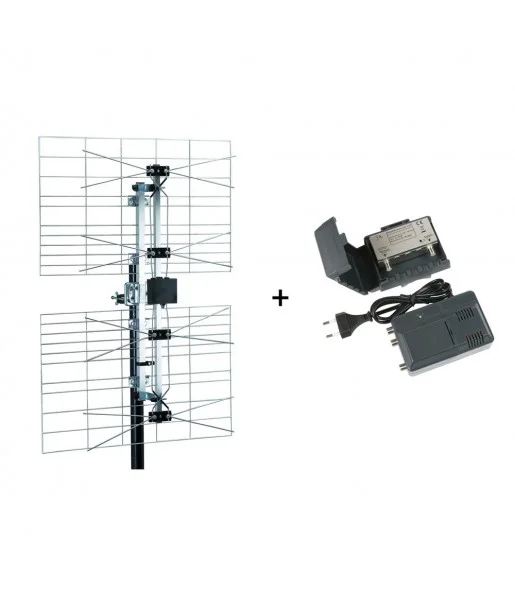 Kit Antenne Panneau UHF Extérieure TNT HD + Préampli Etanche UHF Réglable 1 entrée 1 sortie + Alimentation 220V