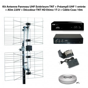 Kit Antenne Panneau UHF Extérieure TNT + Préampli UHF Réglable + Alim 220V + Décodeur TNT HD Etimo 1T-2 + Câble Coax 10m