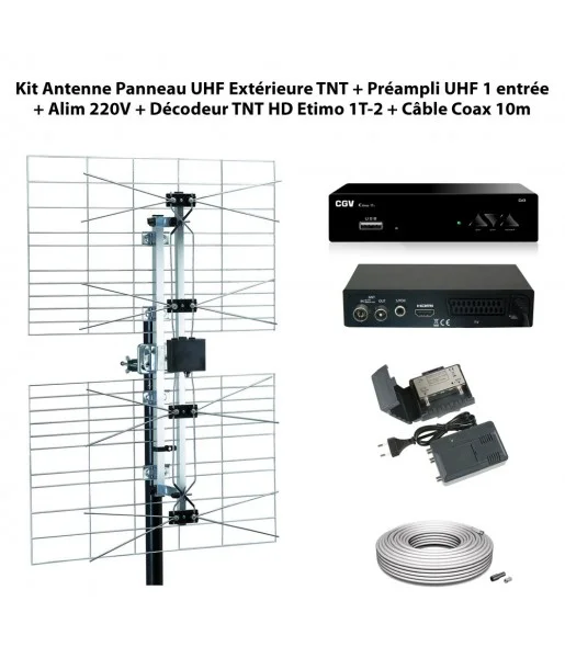 Kit Antenne Panneau UHF Extrieure TNT + Prampli UHF Rglable 1 entre + Alim 220V + Dcodeur TNT HD Etimo 1T-2 + Cble Coax 10m